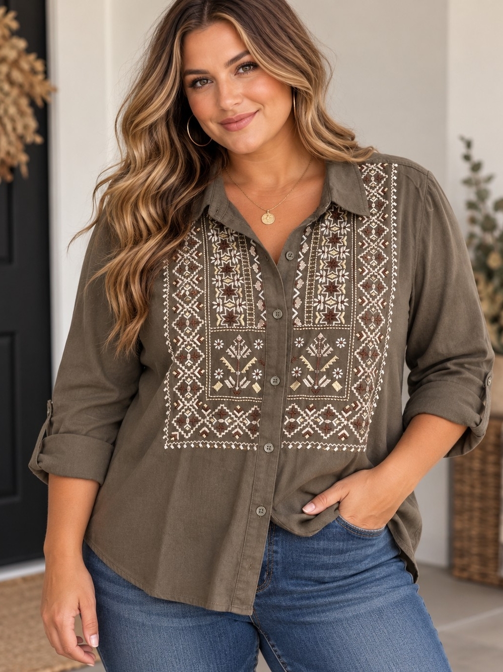 Style & Co XL Olive Green Embroidered Boho Button Down Shirt